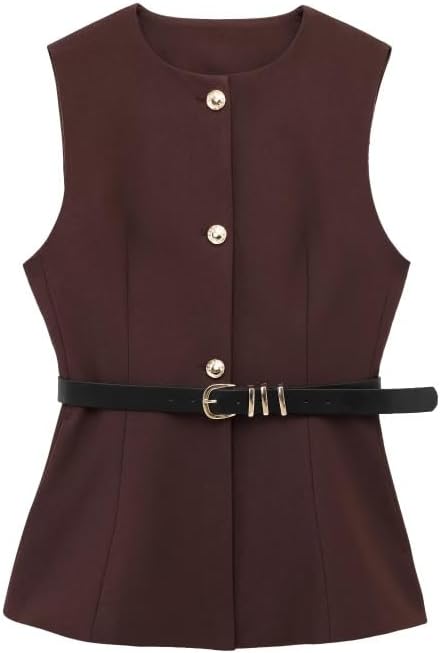 Women's Black Belted Waistcoat, Sleeveless Button Down Office Vest, Casual Slim Fit Outerwear With Belt