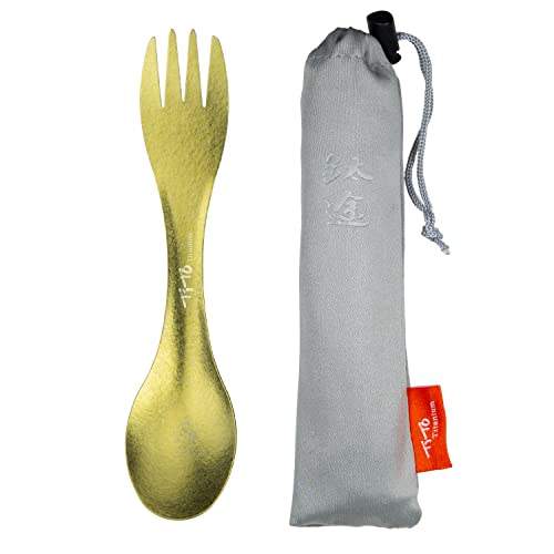 TiTo Titanium Outdoor 2-in-1 Titan Löffel/Spork mit Griff,Multifunktional Tragbare Ultraleichtem Besteck Camping Rucksackreisen mit Aufbewahrungstasche für Trekking (Gold)
