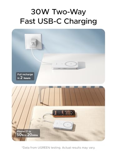 Image of UGREEN Magflow Air Qi2 Magnetic Power Bank 10000mAh, 15W Wireless Portable Charger with Built-in USB-C Cable, 30W Fast Charging Battery Pack, MagSafe Compatible for iPhone 17 /16 /15 /14 Pro Max, White