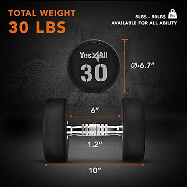 Yes4All Urethane Dumbbell with Anti-Slip Knurled Handle 5-50 LB for Muscle Building - Sold Individually