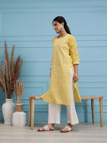 Image of Ada Women's Cotton Straight Fit Straight Hand Embroidered Lucknowi Chikankari Kurta Kurti A411165