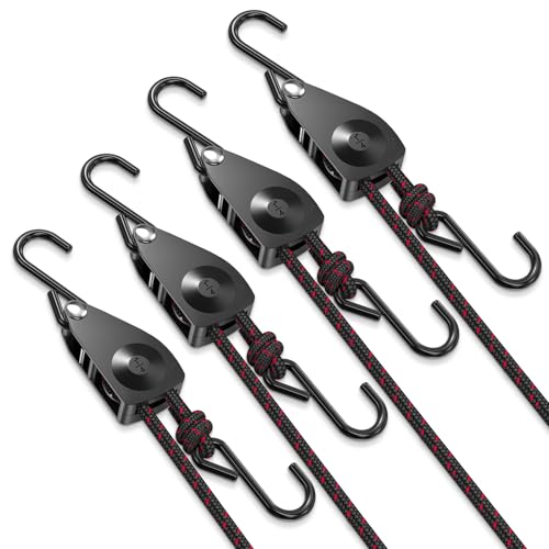 VIPARSPECTRA Ratchet Tie Down Straps, 1/4' Adjustable Rope Hangers [4 Pack, 12FT, 150 lbs/Pack], Heavy Duty Kayak Pulley System with Hooks for Garage Cargo Trucks Tents Grow Lights Various Lashing