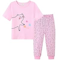 Dinopjs Girls Pyjamas Set, Cotton Cute Cat Pjs, Unicorn Short Sleeve+Long Pants, Girls' Favorite, Outfit Pajama Giraffe, Children Sleep Wear Spring, Summer, and Autumn Clothes for Kids 2-7 Years