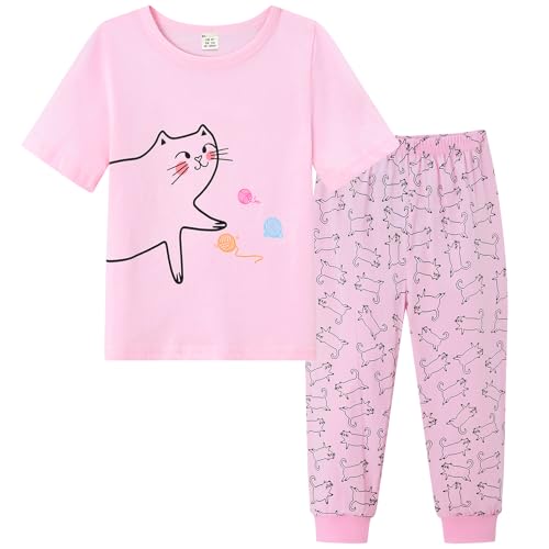 Dinopjs Mädchen Schlafanzug T-Shirt & Lange Hose Pyjama Set Casual Die Katze Spielt mit Wollknäueln Muster Allover-Print Mädche Cartoon Baumwolle Schlafkleidung Hausanzug für Kinder, Rosa