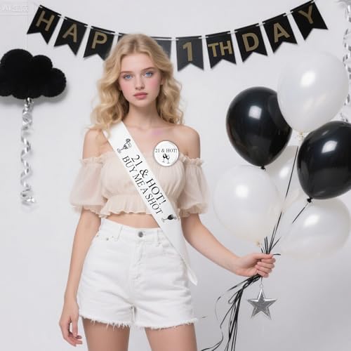 21st Birthday Decorations Sash for Women - Black and White 21st Hot Sash with Button Badge, Happy 21 Years Old Birthday Party Decoration for 21st Fabulous Women - Image 4