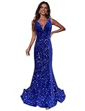 Sparkly Sequin Prom Dresses Long Deep V-Neck Sexy Mermaid Formal Cocktail Dresses for Women Backless Royal Blue US04