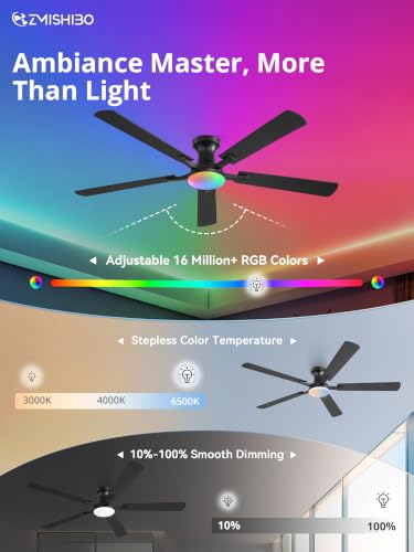 Image of ZMISHIBO 60 Inch RGB Ceiling Fan with Light, Remote&App Control,Flush Mount | Low Profile, Dimmable 20W LED Light, Quiet Reversible Motor, Strong Airflow, Easy Install for Bedroom /Living Room /Apt, Black
