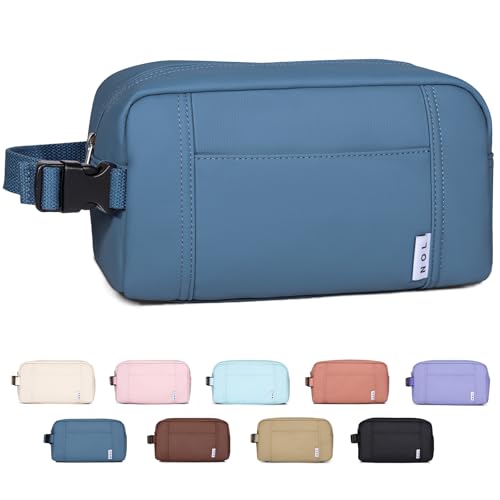 NOL Natural Organic Lifestyle Nylon Waterproof Makeup Bag Lightweight Travel Toiletry Bag for Adults, Reusable, Zip Closure with Buckle Handle, Snack Bag, Travel Cosmetic Bag, Dusty blue
