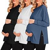 Ekouaer 3 Pack Maternity Shirts Long Sleeve Pregnancy Tops Casual Crew Neck Side Split Pregnant Tees Mama Clothes