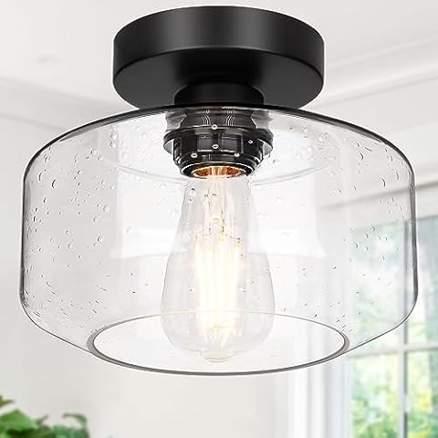Industrial Semi Flush Mount Ceiling Light, 800 Lumen LED Bulb Included, Seeded Glass Shade Farmhouse Light Fixture for Hallway Corridor Kitchen Bathroom Bedroom Passway Cover