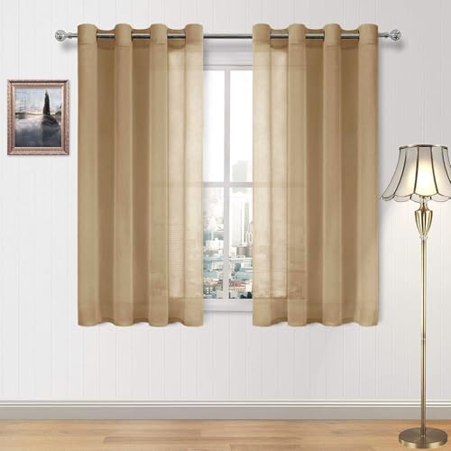 DWCN Taupe Sheer Curtains for Living Room Bedroom - Faux Linen Look Voile Drapes Grommet Top Window Curtain Panel 52 x 54 Inch Length, Set of 2 Panels