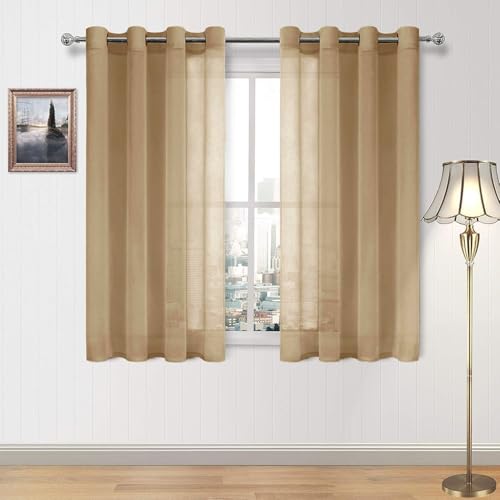 DWCN Short Sheer Curtains, Faux Linen Voile Semi Sheer 45 Inches Long Grommet Top Window Curtains Drapes Treatment for Living Room Bedroom Farmhouse, Set of 2 Panels 52 x 45 Inches, Taupe
