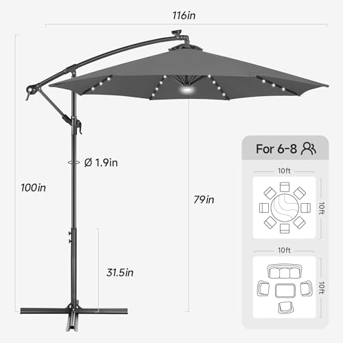 Image of Solar Offset Patio Umbrella - 10 FT Solar Cantilever Umbrella Outdoor with 40 LED Lights and Cross Base, UV Protection for Garden, Deck, Backyard, Pool, Porch, Anthracite