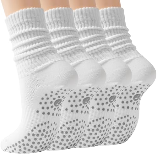 Horuru Pilates Slouch Crew Socks for Women, Grip Yoga Socks with Non Slip Grippers for Barre Ballet Dance Hospital Workout