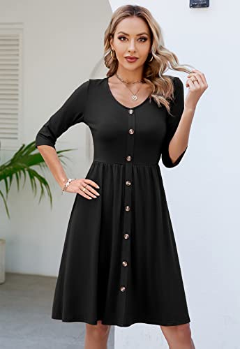 Lamilus Women's Casual Fall 3/4 Sleeve V-Neck Button Down A-Line Swing Party Dress2