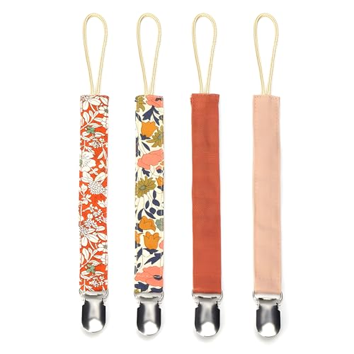 Image of Pacifier Clips Baby Girl, Binky Clip Holder, 4 Pieces, Floral, Cotton and Linen Soft Fabric, for Babies During Teething