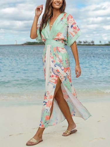 Image of CUPSHE Womens Tropical Floral Maxi Dress V Neck Short Sleeve Smocked Side Slit Dress Summer Vacation Beach Pocket Long Dress