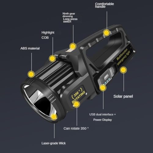 LETOUR Rechargeable Torches LED 30000 Lumens Portable Searchlight 4500mAh Multifunction Flashlight Torch Lantern 9 Modes,Type-C Solar Camping Light Searchlight Power Bank for Emergencies,Outdoor