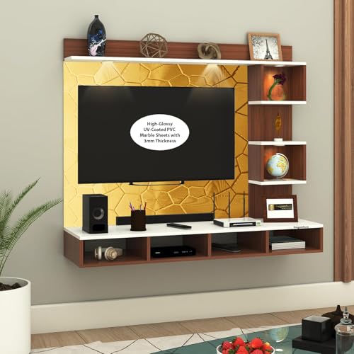 Image of TV Cabinet for Bedroom 32 inch to 65 Inches Engineered Wood TV Entertainment Unit Back Side 3mm UPVC Self Adhsive Waterproof Sheet and Lights (Gold, 32-43 Inches, Without Fitting)
