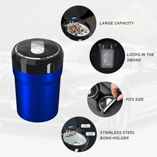 Image of DXNQ Car Ashtray with Lid, Easy Clean Up Detachable Smokeless Ashtray with LED Blue Light, Portable Mini Ash Tray Cup Holder for Car Home Office Travel, Interior Auto Accessories (Blue, Larger)