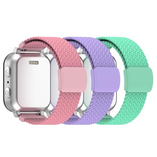 MoKo 3 Pack Braided Nylon Band Compatible with Gizmo Watch 3/2/1 Gabb Watch 3e/3/2/1 SyncUP/Cosmo JrTrack Kid Watch 20mm Soft Stretchy Adjustable Breathable Loop Bands with Magnetic Buckle Pp+Pk+Gn