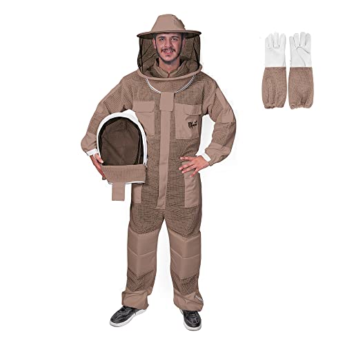 USKEEPERS 3-Layer Ultra Ventilated Bee Suit for Men & Women Premium Beekeeping Suit with Bee Gloves & Two Detachable Beekeeping Veils (Brown 2XL)