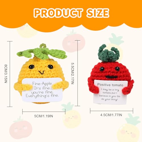 Asheyya 2 PCS Positive Tomato & Pineapple Affirmation Gifts for Men Women Mini Knitted Good Luck Charm Motivational Gifts with Positive Card - Image 2