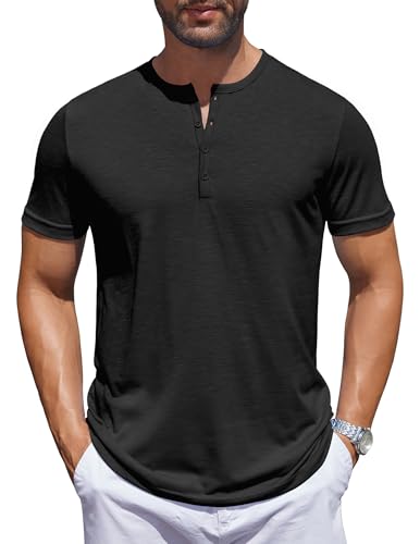 COOFANDY Men's Slim Fit Henley Shirts Short Sleeve Collarless Button T-Shirts Fashion Casual Basic Tops Black