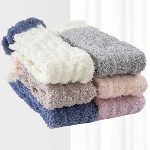 6-Pack Fuzzy Socks, White/Gray/Khaki/Blue/Light Pink/Light Purple, Soft Warm Plush Slipper Socks for Women, White/Gray/Khaki/Blue/Light Pink/Light Purple, One Size