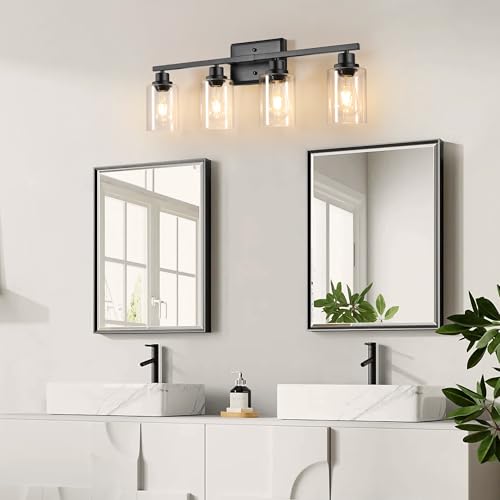 Image of Ascher Bathroom Light Fixtures, 4-Light Vanity Lights with Clear Glass Shade, Modern Black Finish Wall Light for Mirror Bedroom Hallway Cabinet Porch