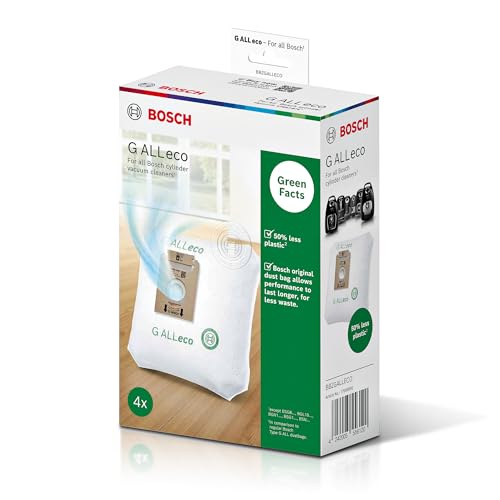 Bosch 4x Staubsaugerbeutel Typ G ALL Eco BBZGALLECO, nachhaltig, 50% weniger Plastik, starke Leistung, hohe Filtration, Hygieneverschluss, geeignet für Allergiker, passend für alle Bosch Beutelsauger