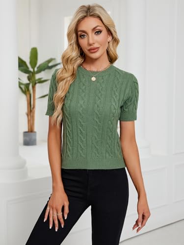 Image of Libsorge Womens Cropped Short Sleeve Sweater Fall 2025 Crewneck Sheer Knit Tops - Lightweight, Thin, Crop, Slim Fit