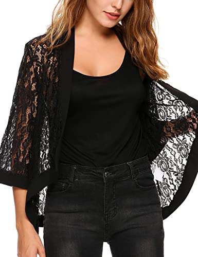 Cardigã feminino de renda leve com manga 3/4 da Dealwell, Preto, XX-Large
