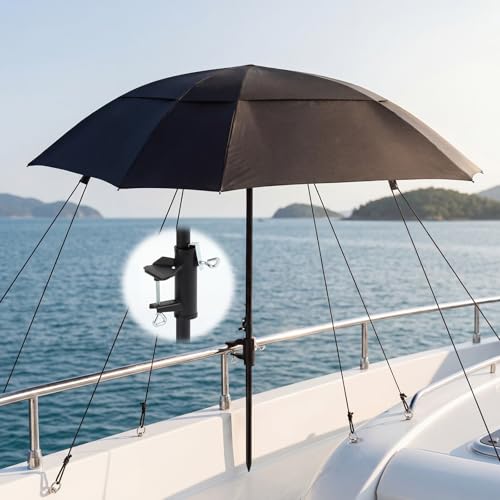 Sunnymove Umbrella Boat Covers with Stand Clamp Ropes 53 Inch Standing Canopy 360adjustable Portable Deck Rail Mounted Umbrella for Boat Covers Outdoor Beach Sunshade Fishing Black