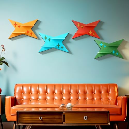 Image of Threehoney Mid-Century Modern Wall Set of 4 Colorful Floating Display Shelves Retro Style Starburst Wall Mounted Shelves Storage for Bedroom, Living Room Decor(Four-Pointed Star)
