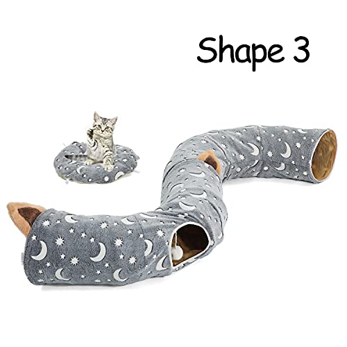 Luckitty Cat Tunnel Bed Tube With Cushion And Plush Ball Toy Playground Crinkle Collapsible Self-Luminous Flannel Fabric 3Ft For Large Cats Kittens Kitty Small Animals Puppy Grey Moon Star #TOP5