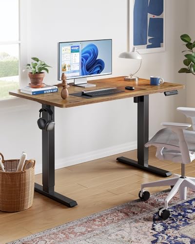 HUANUO 63" x 28" Electric Standing Desk Adjustable Height, 4 Memory Height Settings, Headphone Hook, Cable Manager, Sit Stand Up Desk for Home Office & Computer Workstation, Vintage Brown