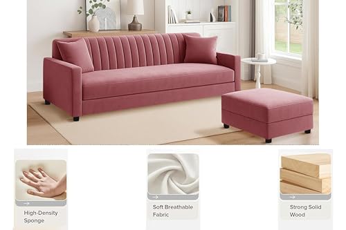 Image of Los Angeles Modern 3-Seater Wooden Sofa Set with Ottoman, Soft Velvet Upholstery, Comfortable Couch for Living Room, Office & Apartment - Rose Pink Color