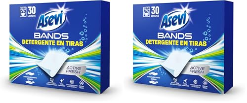 Asevi Bands Detergente en Tiras para Lavadora Active Fresh - Detergente Concentrado Hipoalergénico para Ropa Blanca y de Color Limpia - Blanqueantes Ópticos para un Extra de Luminosidad - 30 Lavados
