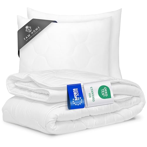 Fam‘ Home Bettdecke 200 x 200 cm und 2X Bettkissen 80 x 80 cm Set – Allergiker Bettdecke & Ganzjahres-Mikrofaser Schlafkissen, maschinenwaschbar,...