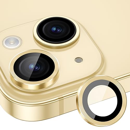 Image of Glass Camera Lens Protector Compatible For Iphone 15 /15 Plus,Individual Metal Ring 9H Hardness Scratchproof Protector,Stylish Accessories,Case Friendly(Yellow)