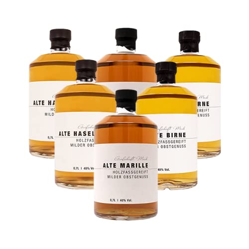 Grafschaft Mark Schnaps Mix 6 x 0,7 L | 2 x saftige Marille 2 x fruchtige Birne 2 x edle Haselnuss | 40% vol. Alkohol | milder, holzfassgelagerter Obstbrand aus Deutschland | hochwertige Spirituose Cover