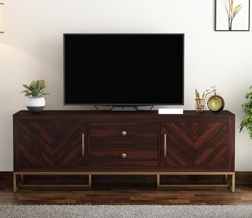 Image of Premium Solid Sheesham Wood TV Unit with 2 Drawers, 4 Shelves, and 2-Door Storage - Accommodates up to 65-Inch TV - Ideal for Living Room (Asher, Walnut Finish)