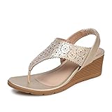 SHIBEVER Wedge Sandals for Women Elastic Ankle Strap Sandals T-Strap