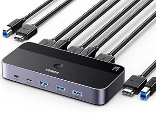 UGREEN HDMI 2.0 KVM Przełącznik 4K@60Hz USB 3.0 Przełącznik 4 porty USB (3*USB 3.0+USB C) Udostępnianie 1 Monitora i Klawiatury, Myszy, Drukarki, Dysku U na 2 PC z 2 USB kablami i 2 HDMI kablami.