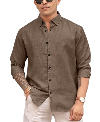 Image of Men's Solid Linen Blend Cotton Shirt | Full Sleeve Plain Shirt for Men | Regular Fit Casual & Formal Wear