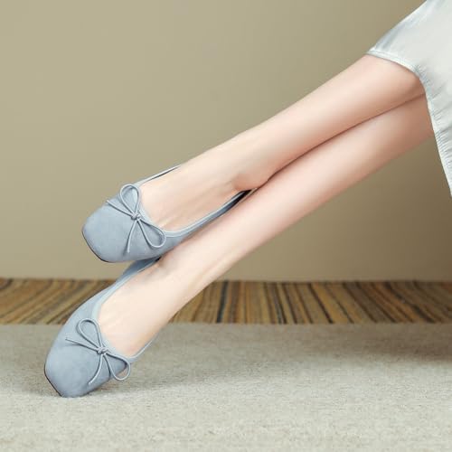 Women Closed Squared Toe Bowknots Ballet Flats Slip On Low Chunky Heels Party Daily Wear Ballerina Shoes Size 4-16 US4