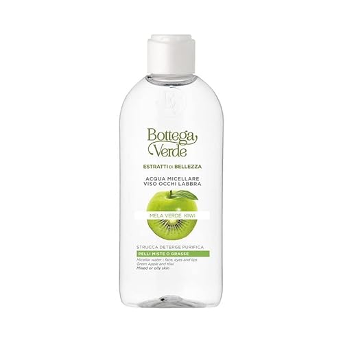 Bottega Verde - Estratti di bellezza, acqua micellare, 200 ml, viso occhi labbra, Mela verde e Kiwi, strucca deterge purifica, pelli miste o grasse