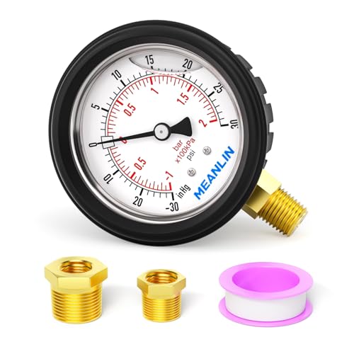 MEANLIN MEASURE -30inHG~30Psi Stainless Steel 1/4" NPT 2.5" FACE DIAL Vacuum Pressure Gauge, Lower Mount (with Rubber Protective Sleeve), with 1/2" NPT and 3/8" NPT Hex Bushing
