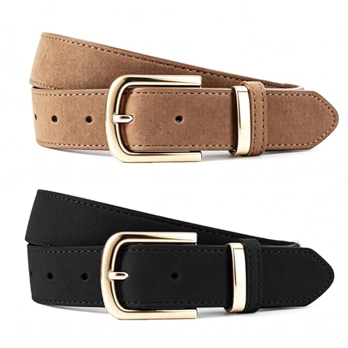 Leotruny Suede Belt Women for Jeans: Fashion Leather Waist Belt with Gold Buckle to Elevate Outfit for Dress in Work 2 Pack